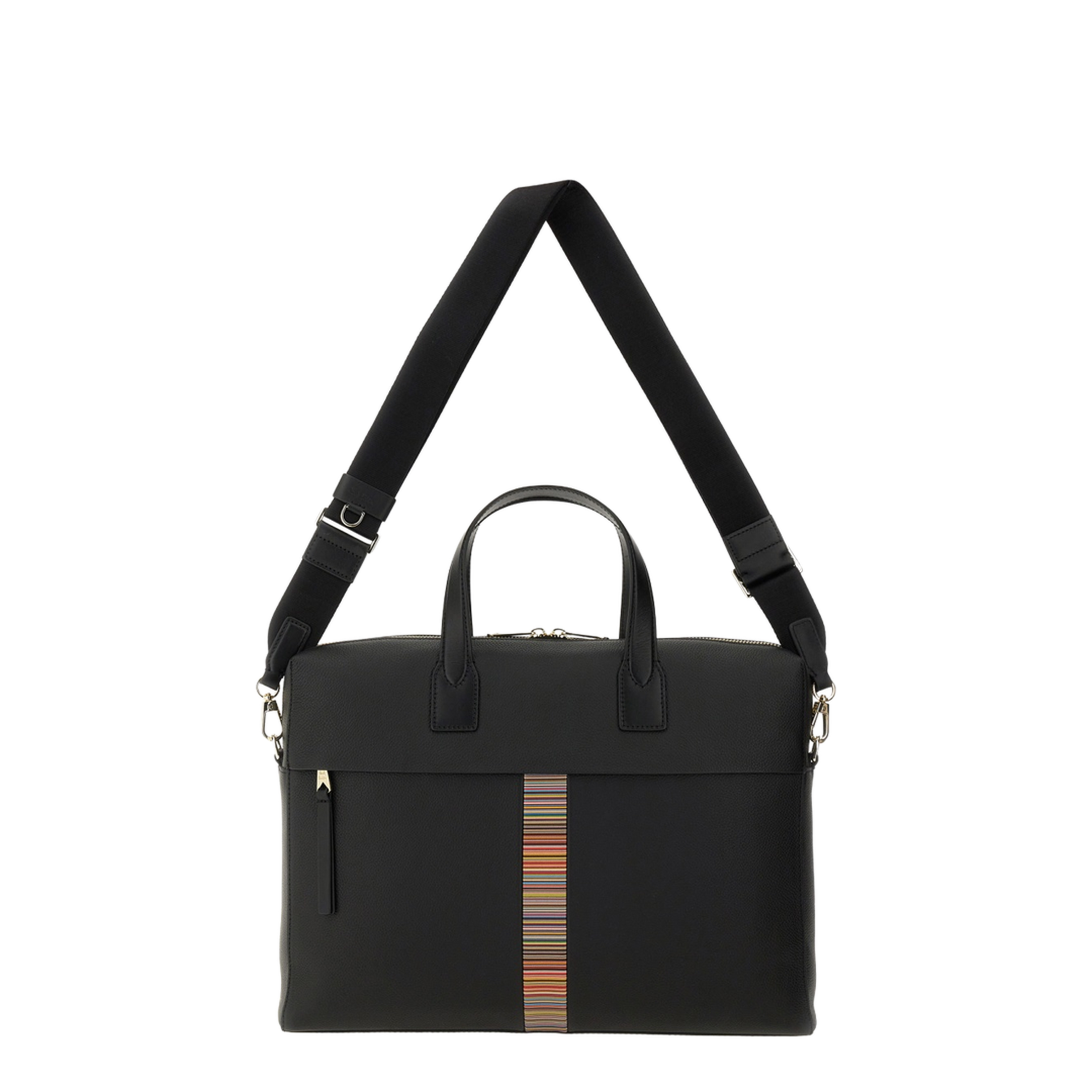 Black Leather Folio Bag with Signature Stripe Edges