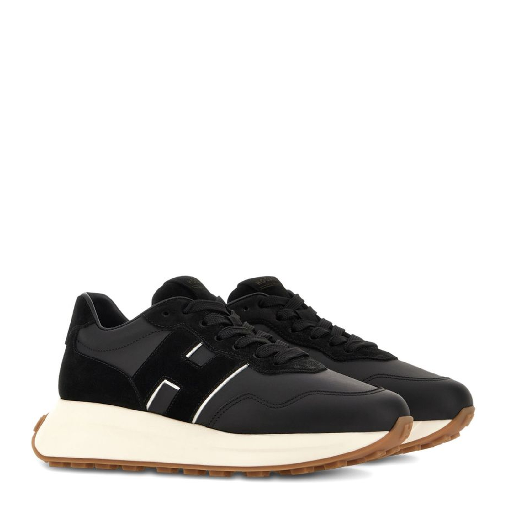Black Lace-Up Sneakers in Leather and Suede