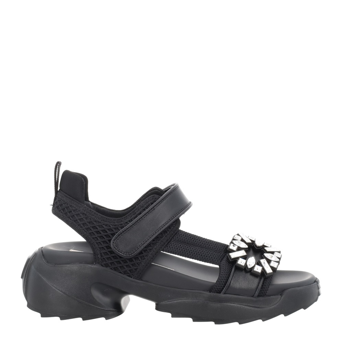 On The Run Black Leather And Textile Sandals