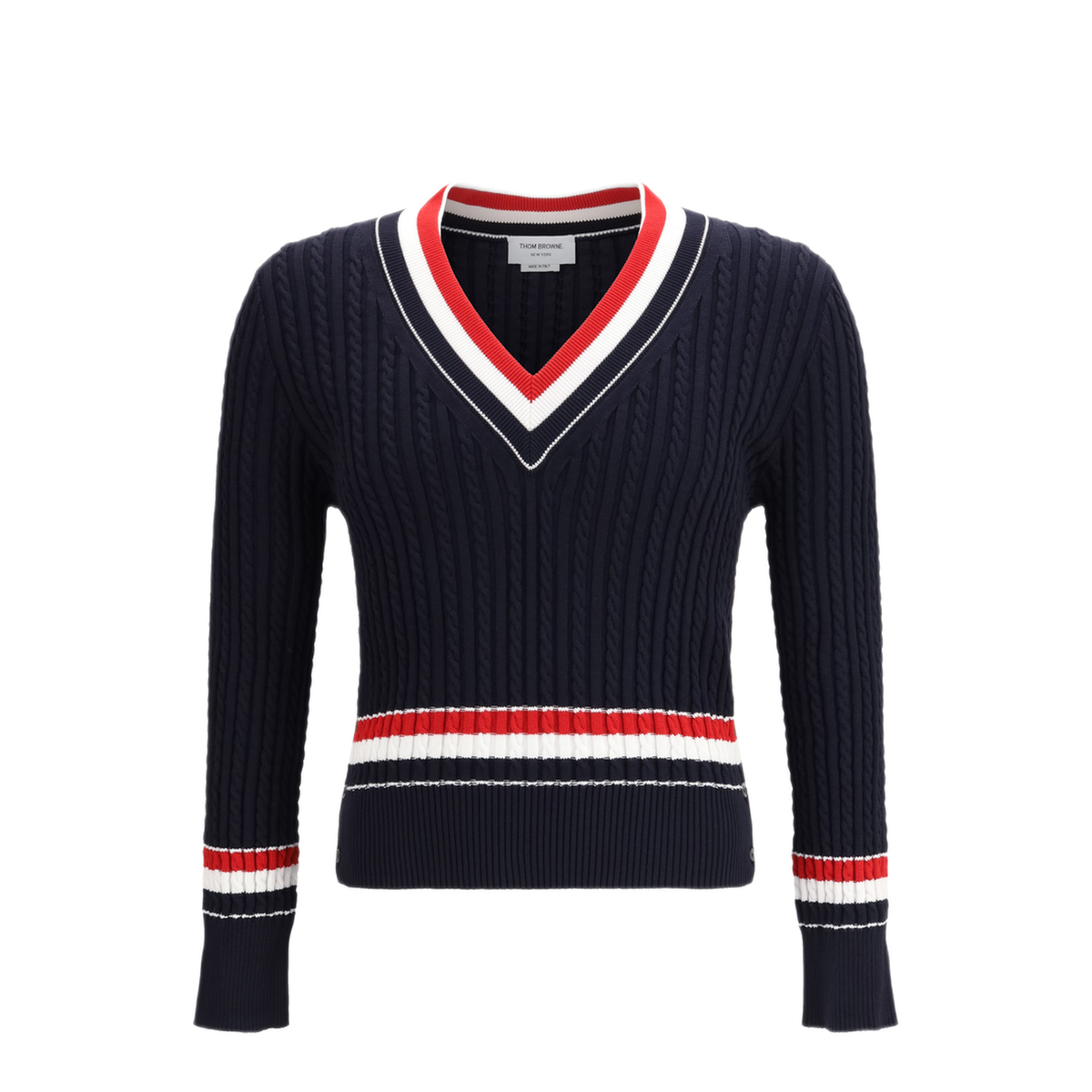 MAYFEYR - Thom Browne - Intarsia Cable Knit V Neck Sweater - MKA581AY3014415