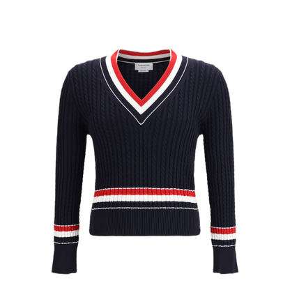 MAYFEYR - Thom Browne - Intarsia Cable Knit V Neck Sweater - MKA581AY3014415