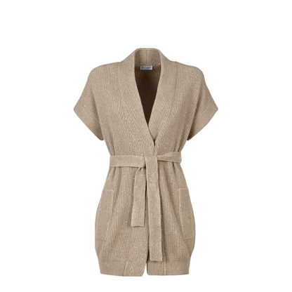 Cotton Diamond Yarn English Rib Cardigan with Belt