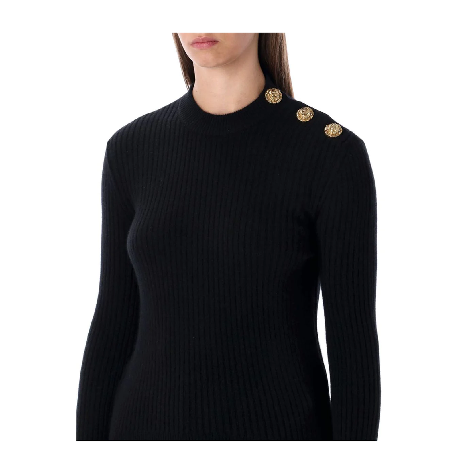 Black Ribbed Wool Sweater With Gold Buttons