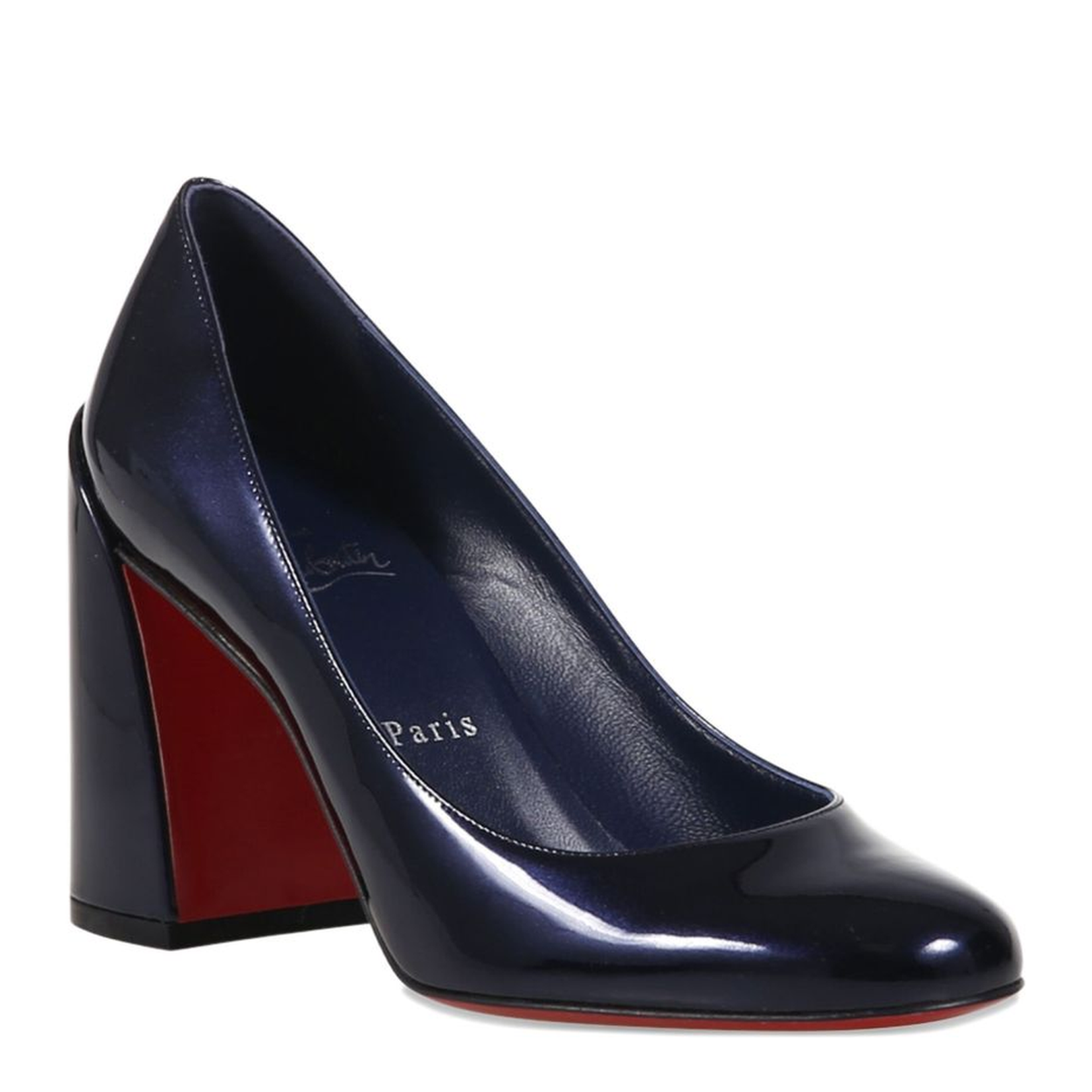 Dark Blue Patent Leather Block Heel Round Toe