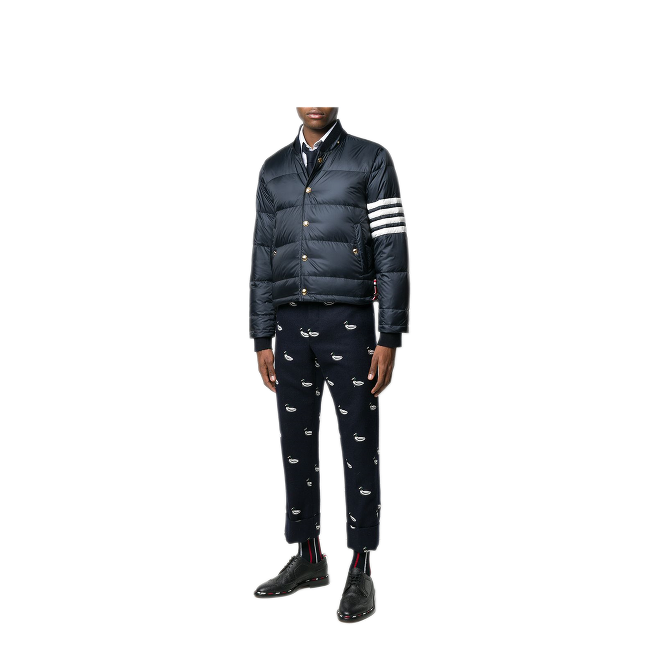 MAYFEYR - Thom Browne - Downfilled Snap Front Detachable Hood Bomber With 4Bar In Matte Finish Nylon - MJD061X05411415