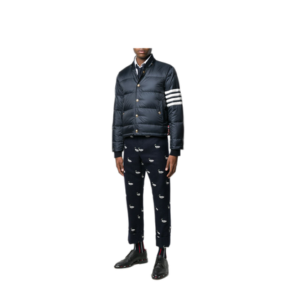 MAYFEYR - Thom Browne - Downfilled Snap Front Detachable Hood Bomber With 4Bar In Matte Finish Nylon - MJD061X05411415