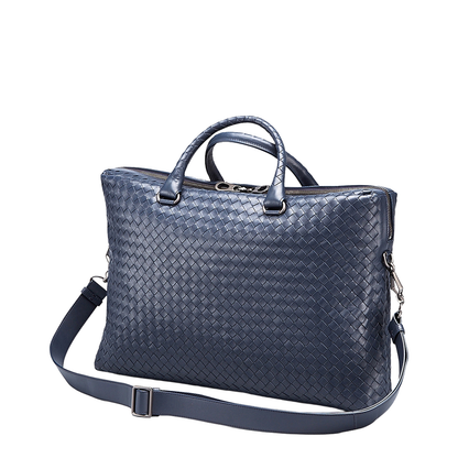 Intrecciato Large Leather Briefcase - Blue