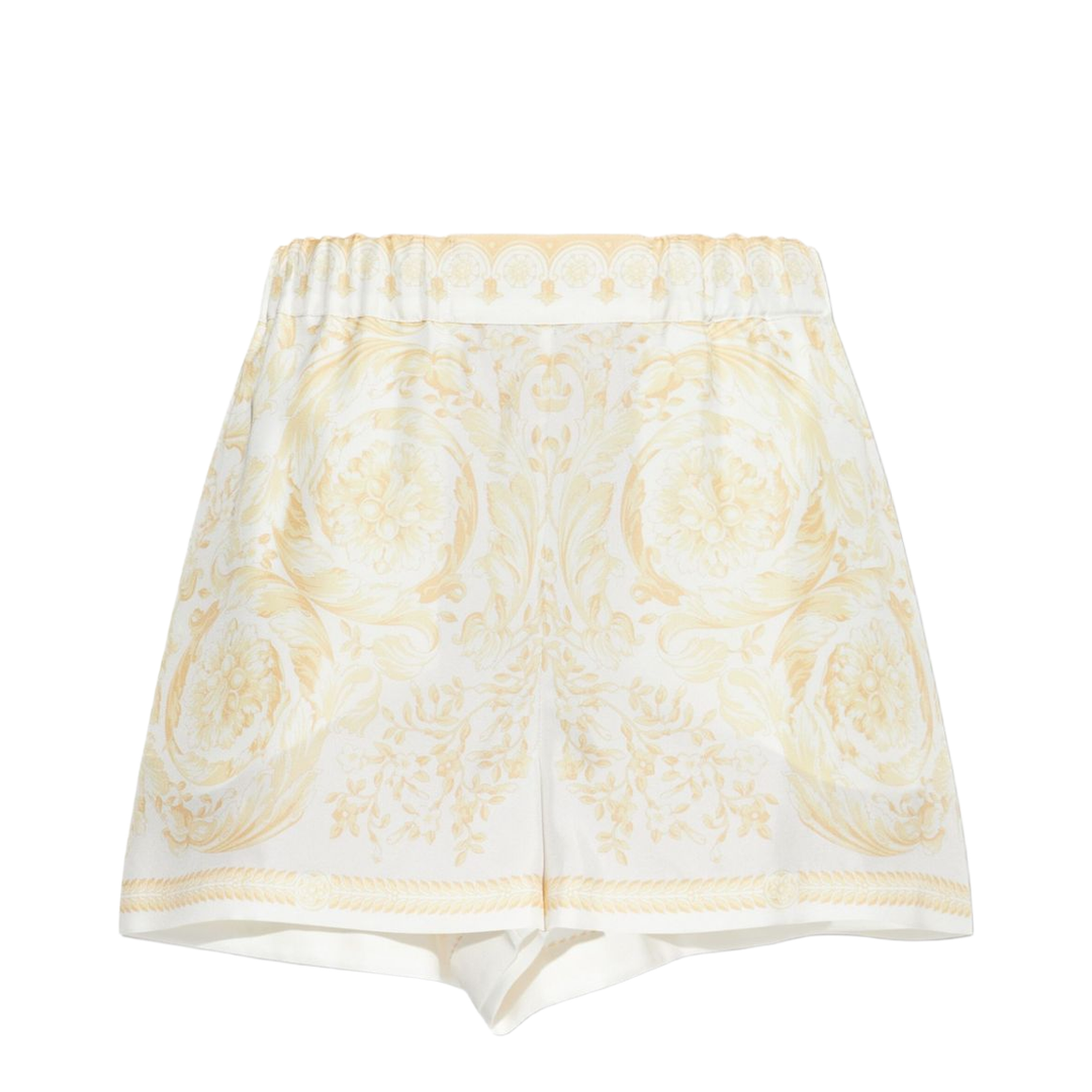 Barocco Print Silk Shorts Gold