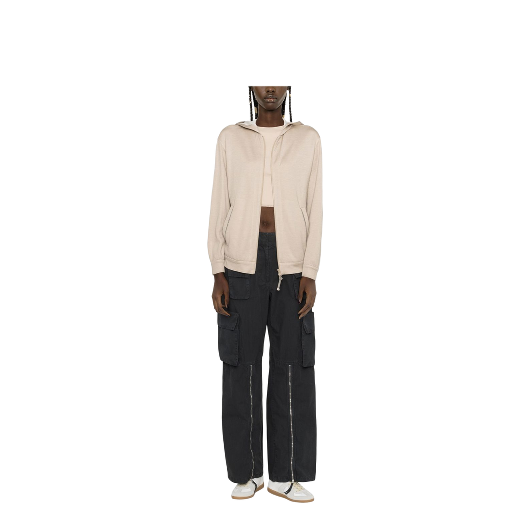Two-Pocket Zip-Up Hoodie Beige