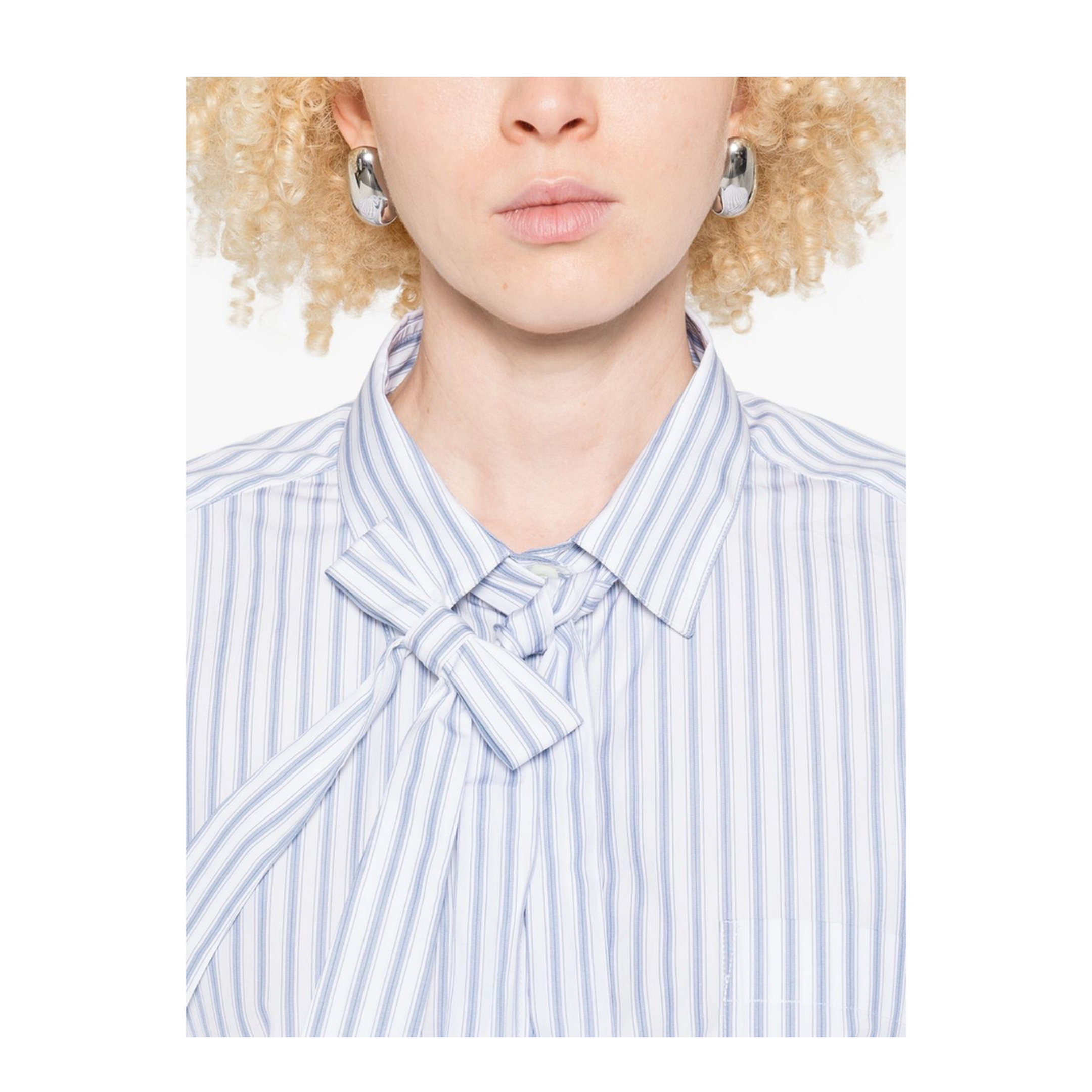 Striped Poplin Short Shirt with Scarf Collar