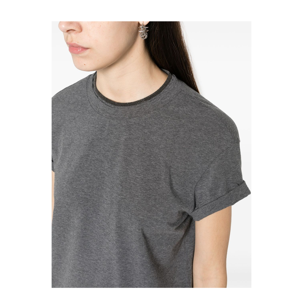 Grey Crew Neck T-shirt with Pearls in Stretch Cotton