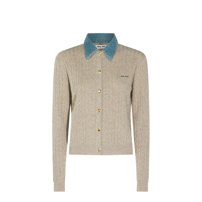 MAYFEYR - MIUMIU - Denim-Collar Cable-Knit Cashmere Cardigan - MMF04CSOOO6342