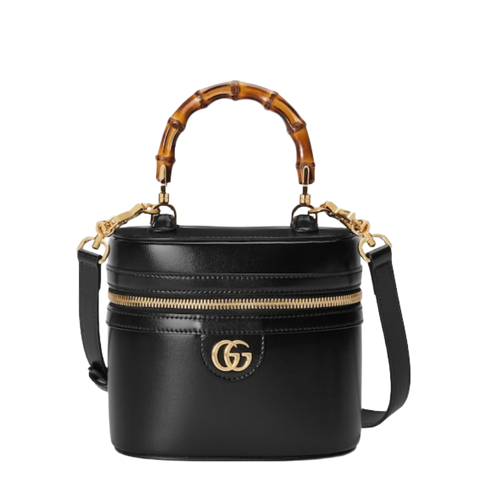 Mini Leather Vanity Bag With Bamboo Handle - Black