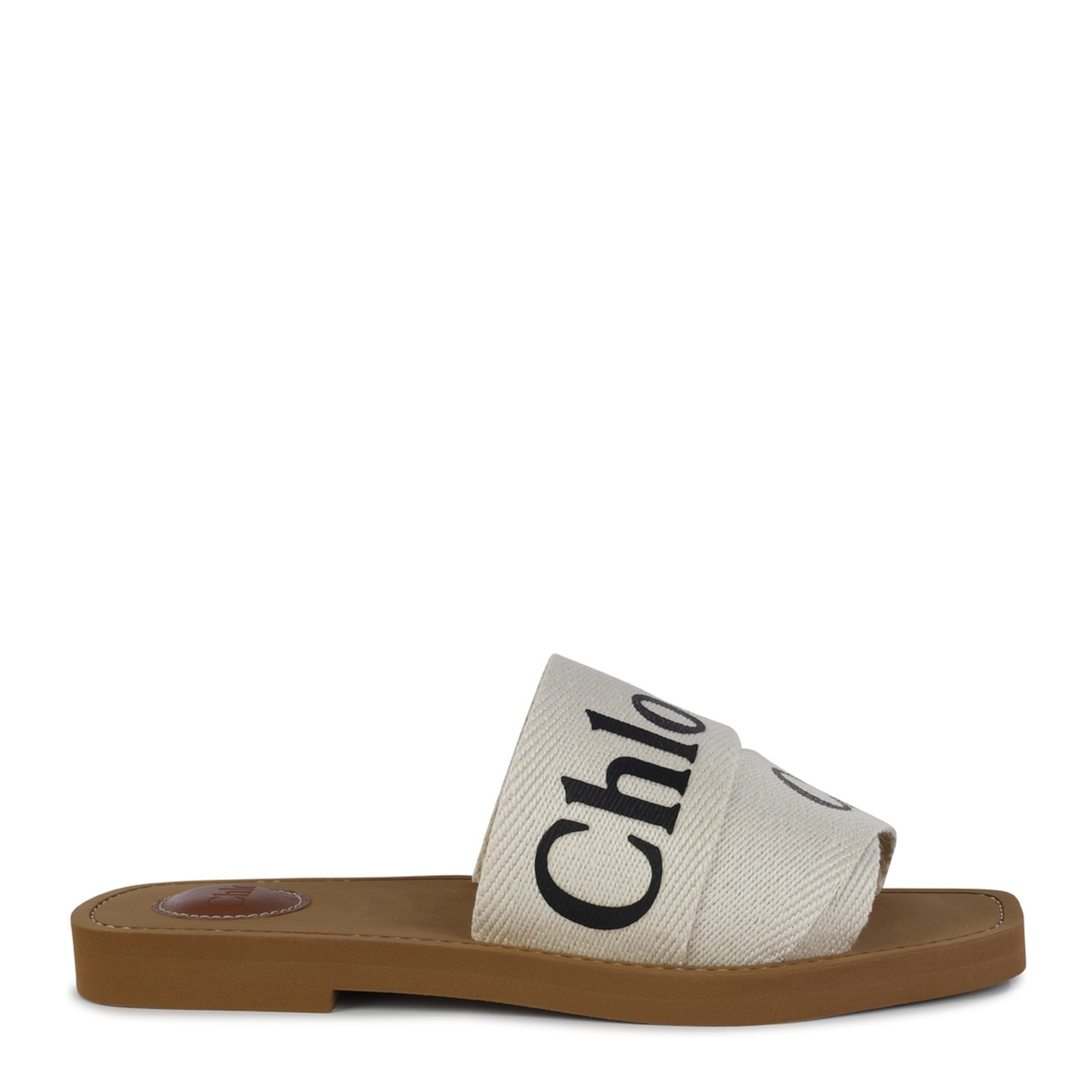 White Linen All-Over Logo Print Low Stacked Heel
