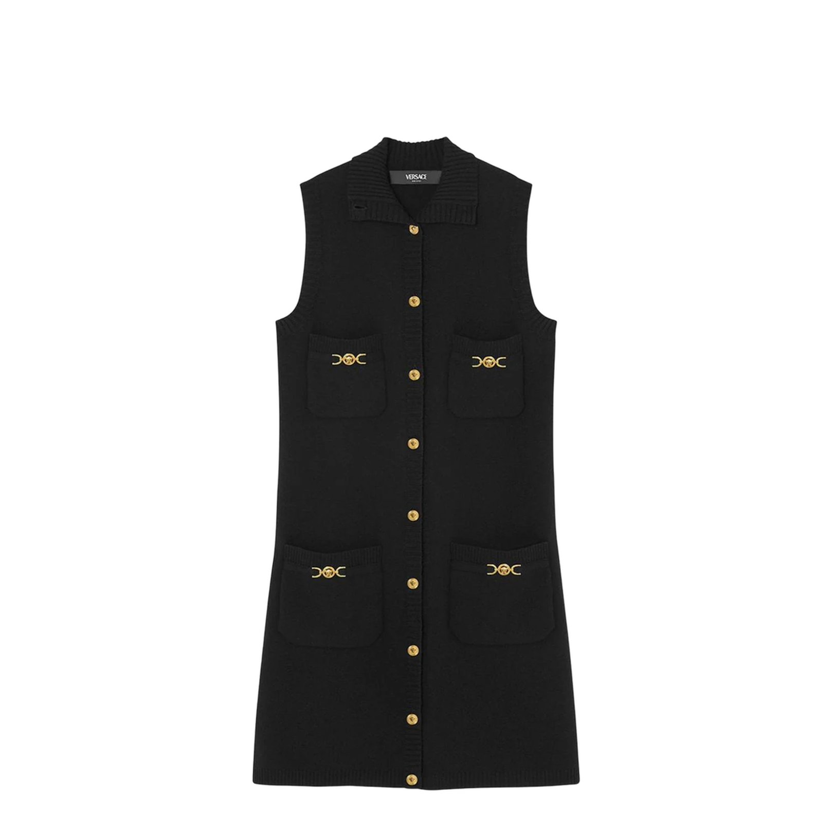 Black Mini Sleeveless Dress with Medusa Detail