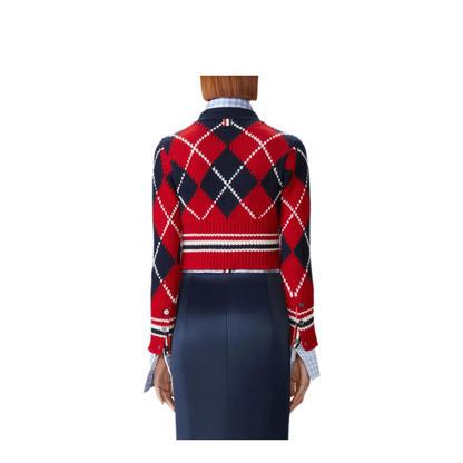 MAYFEYR - Thom Browne - Argyle Jersey Intarsia Shrunken V Neck Cardigan In Chunky Merino Wool W/ Rwb Stripe - FKC679BY1029960