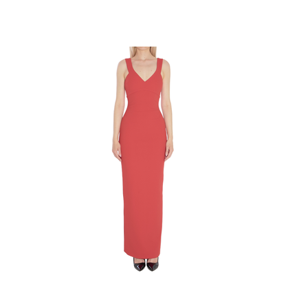 Red Sleeveless Design V-Neckline Fitted Bodice Maxi Length Straight Skirt