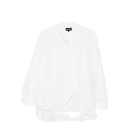 White Long Sleeves Neck Tie Buttoned Cuffs Asymmetric Hem