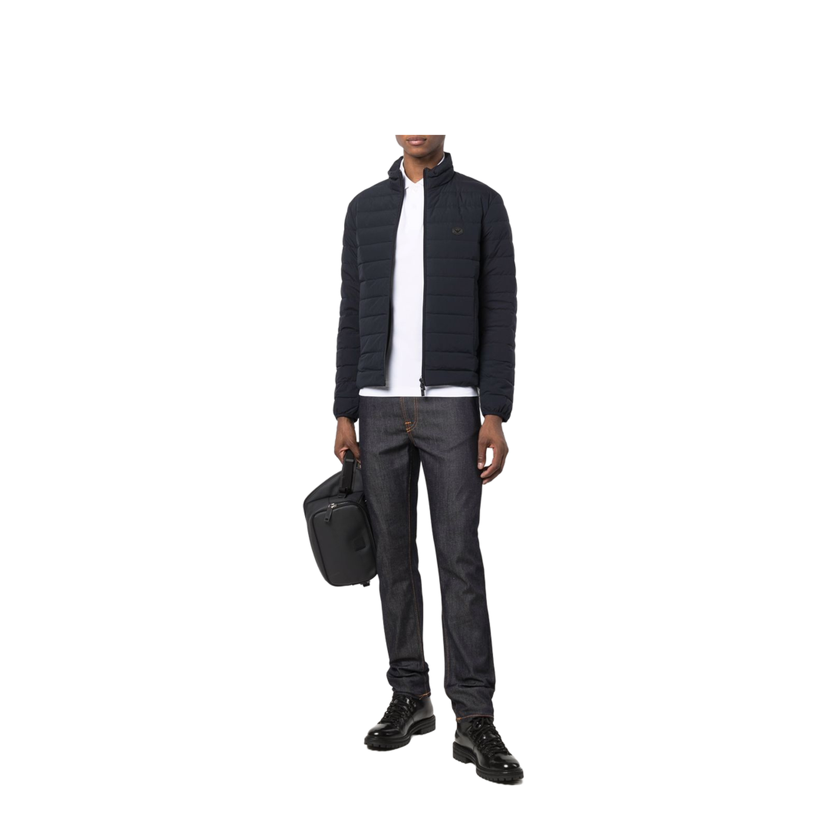 Navy Blue Feather Down Padded Logo-Patch Jacket