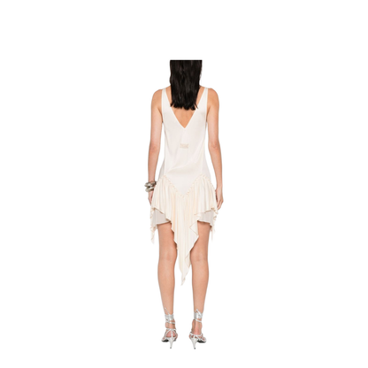 Ivory Ruffled Hem Asymmetric Cut Sleeveless V-Neck Top
