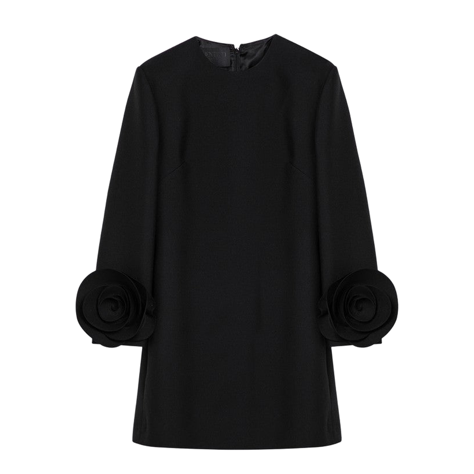 Black Wool Mini Dress with Rose Appliqué