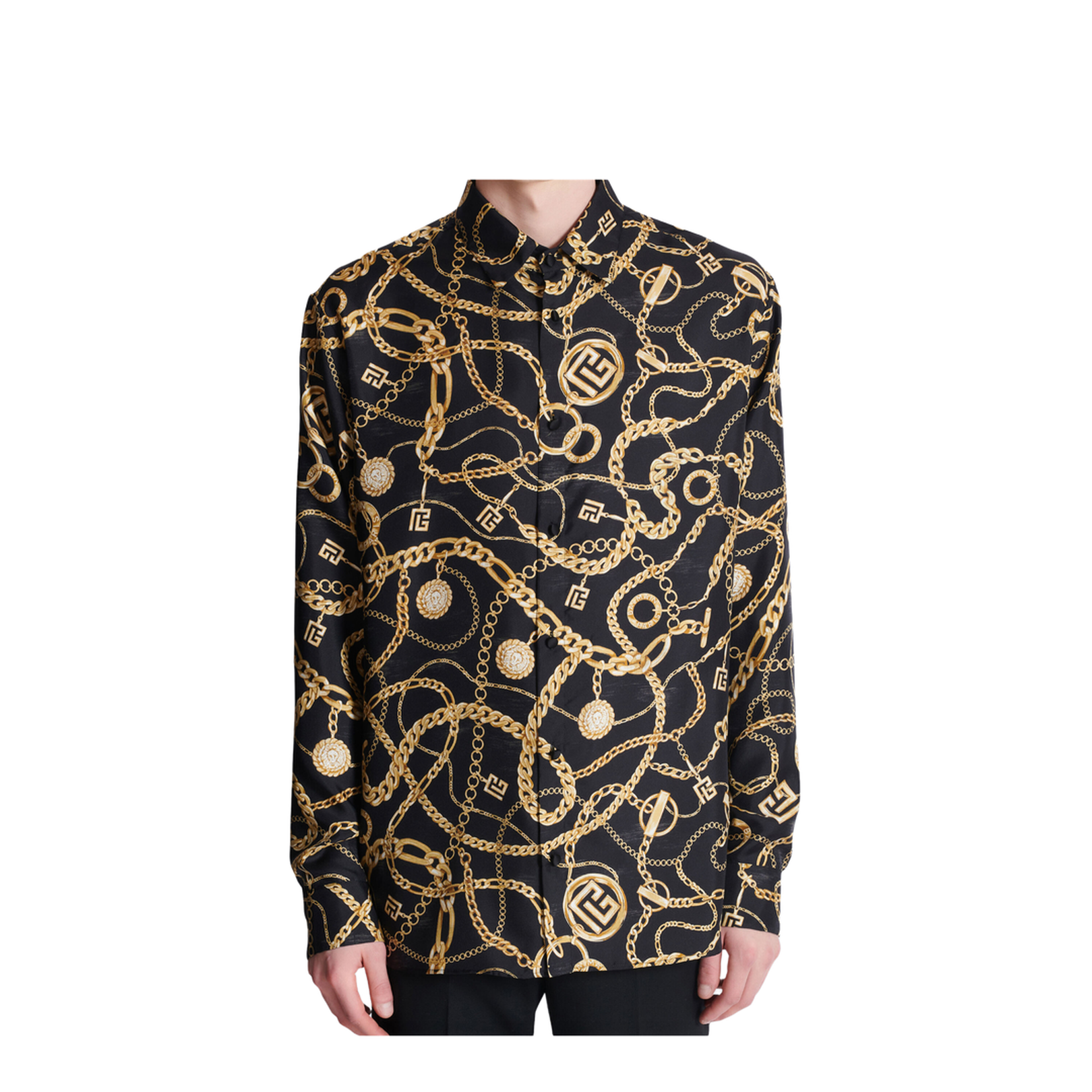 Black Shirt With Pointed Collar And Chain Print With Logo In Silk