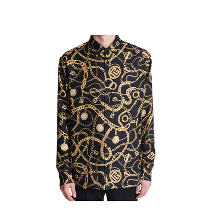 Black Shirt With Pointed Collar And Chain Print With Logo In Silk