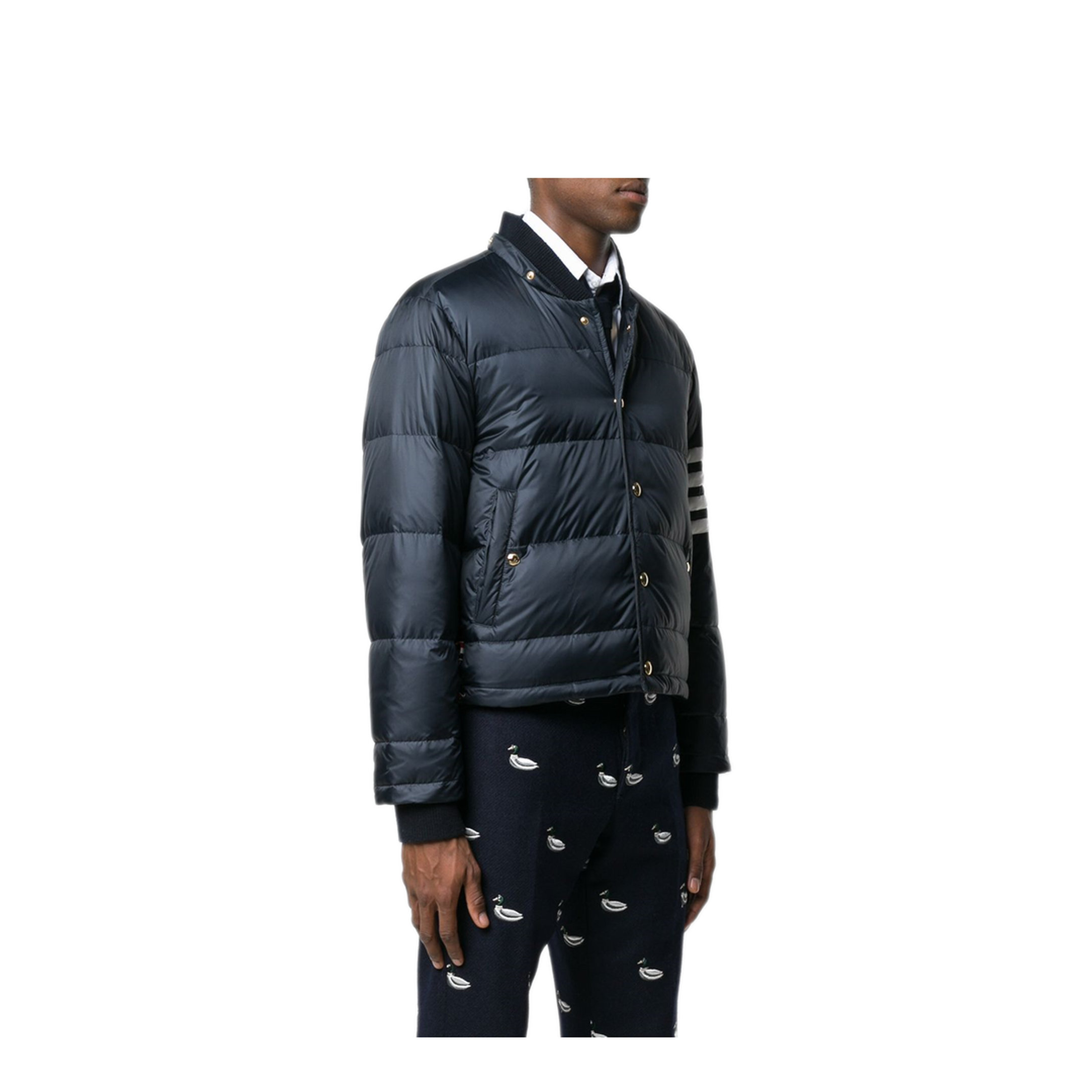 MAYFEYR - Thom Browne - Downfilled Snap Front Detachable Hood Bomber With 4Bar In Matte Finish Nylon - MJD061X05411415