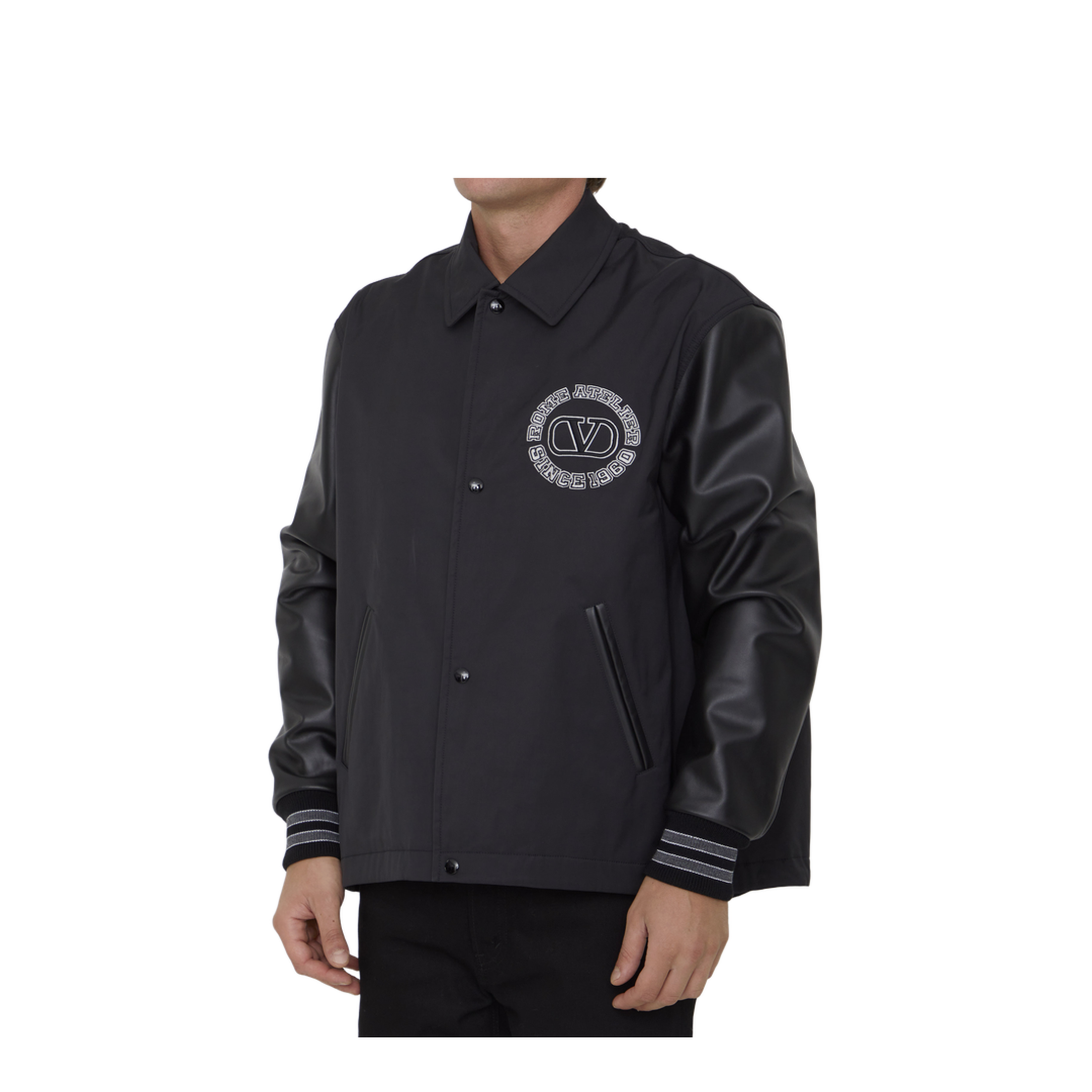 Black Leather Sleeves Nylon Bomber