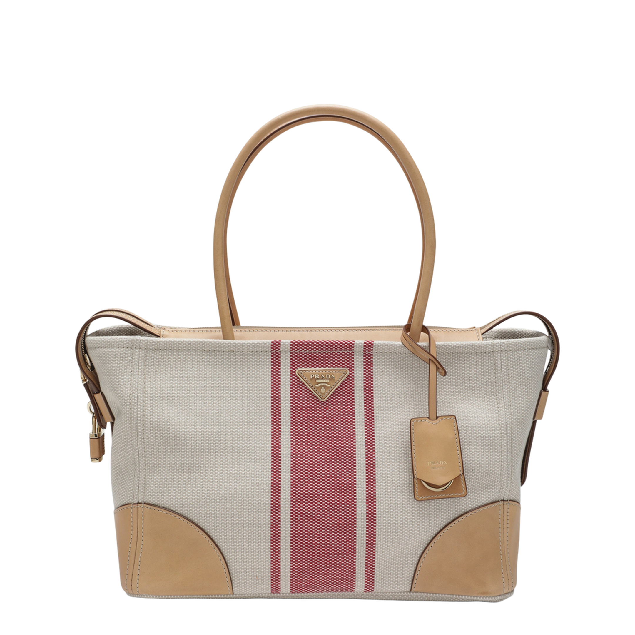 MAYFEYR - Prada - Large Shopping Bag In Canvas And Natural/Red Leather - 1BG659OOO2ZPWF0B67
