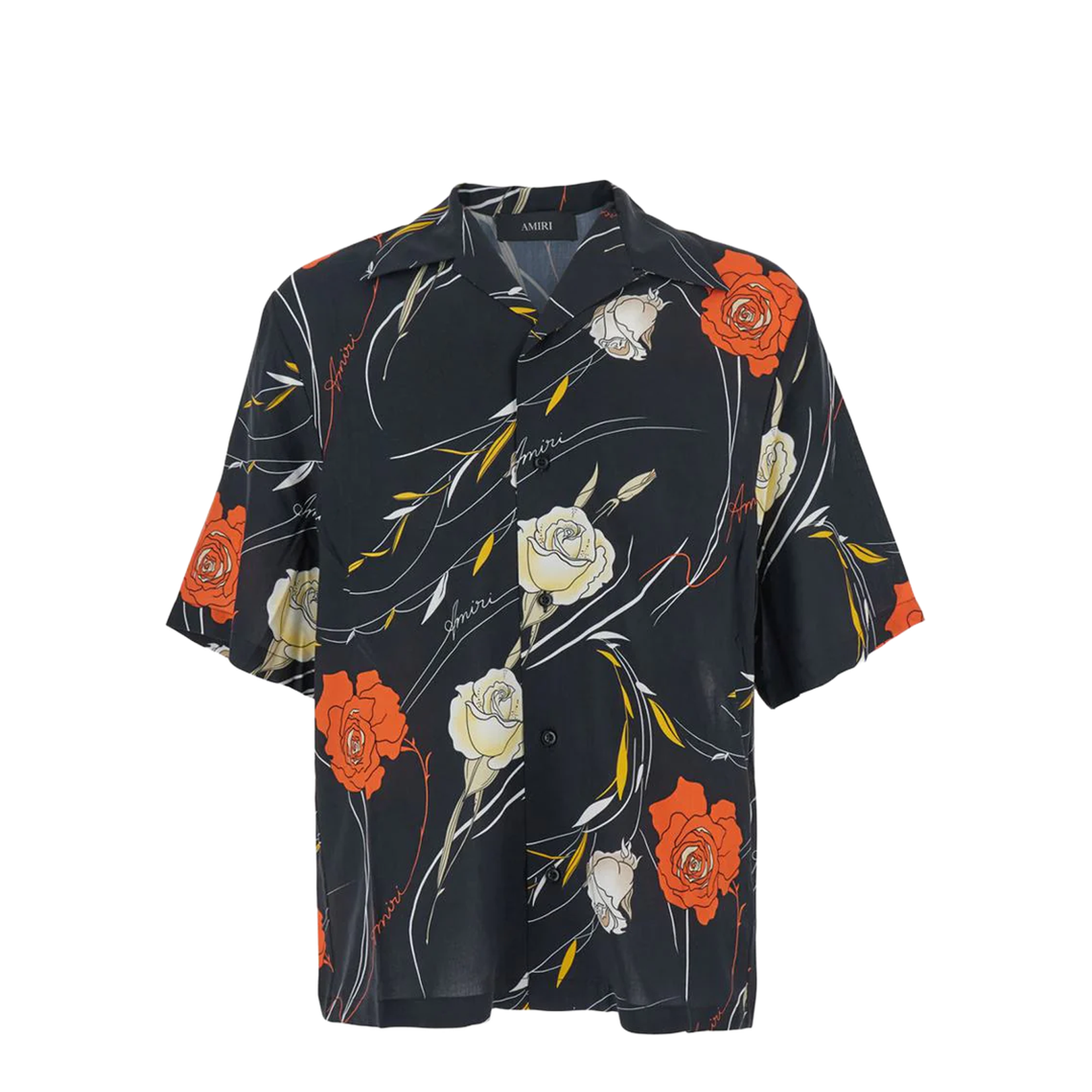 Black Bowling Shirt With Cuban Collar And All-Over Floral Motif In Viscose
