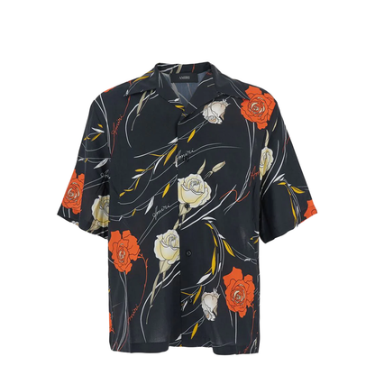 Black Bowling Shirt With Cuban Collar And All-Over Floral Motif In Viscose