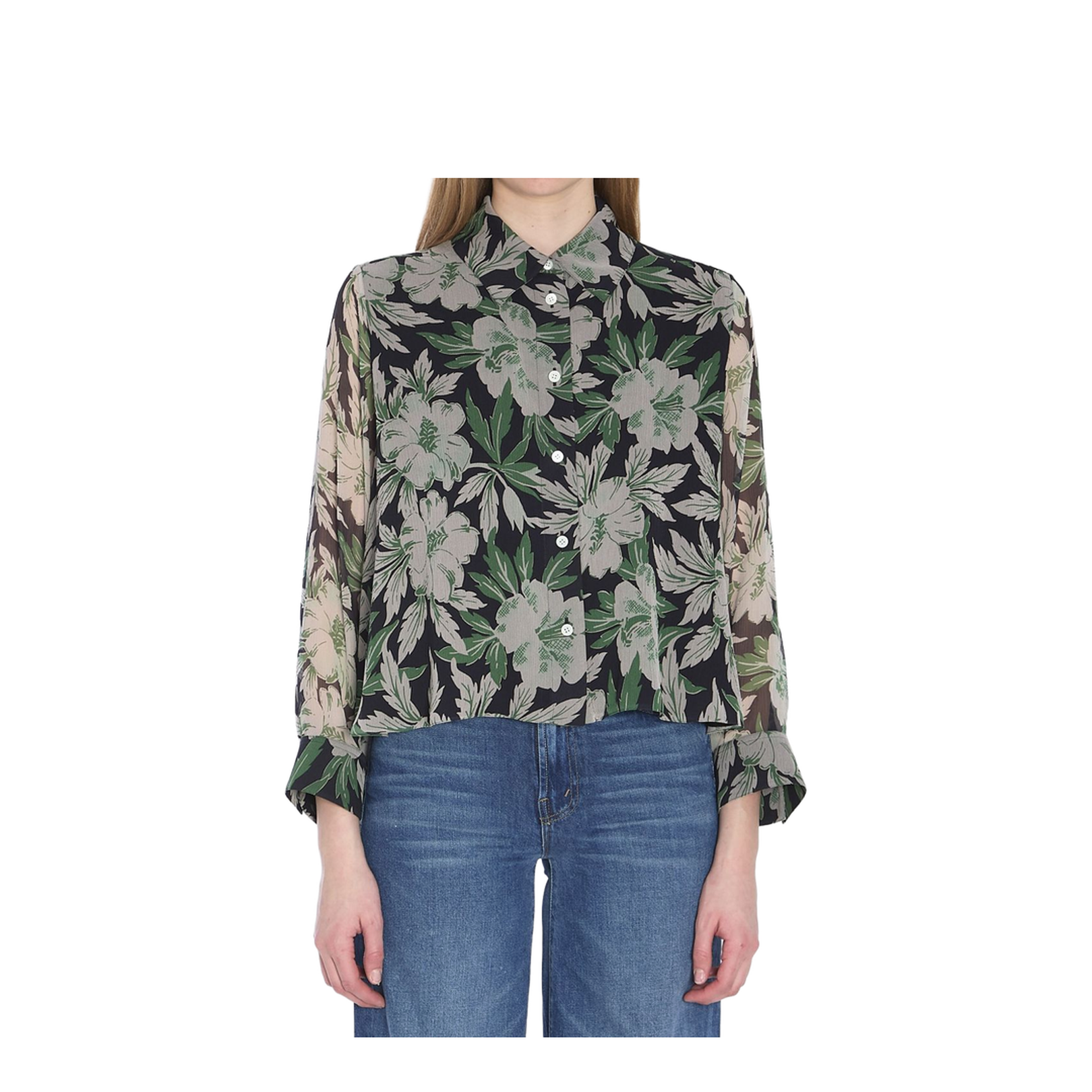 Light Embossed Silk Shirt with Hibiscus Floral Print