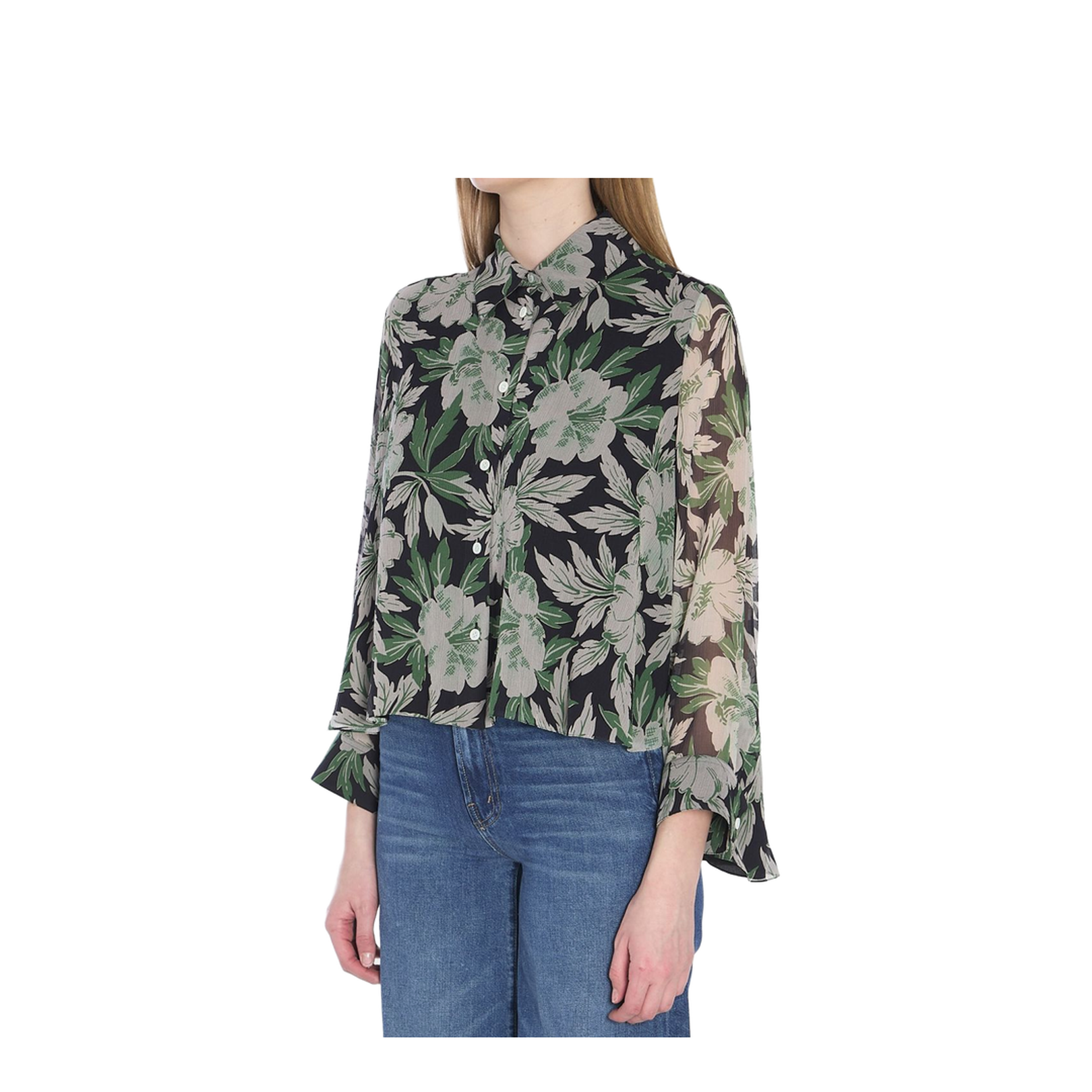 Light Embossed Silk Shirt with Hibiscus Floral Print