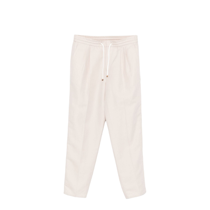 Leisure Fit Trousers in Linen and Cotton Gabardine with Drawstring and Double Darts