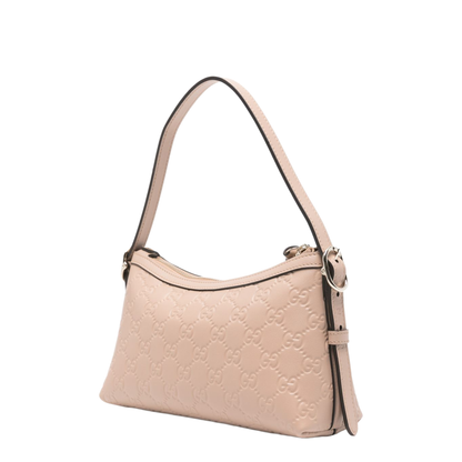 GG Emblem Small Embossed GG Leather Shoulder Bag - Powder Pink / Beige