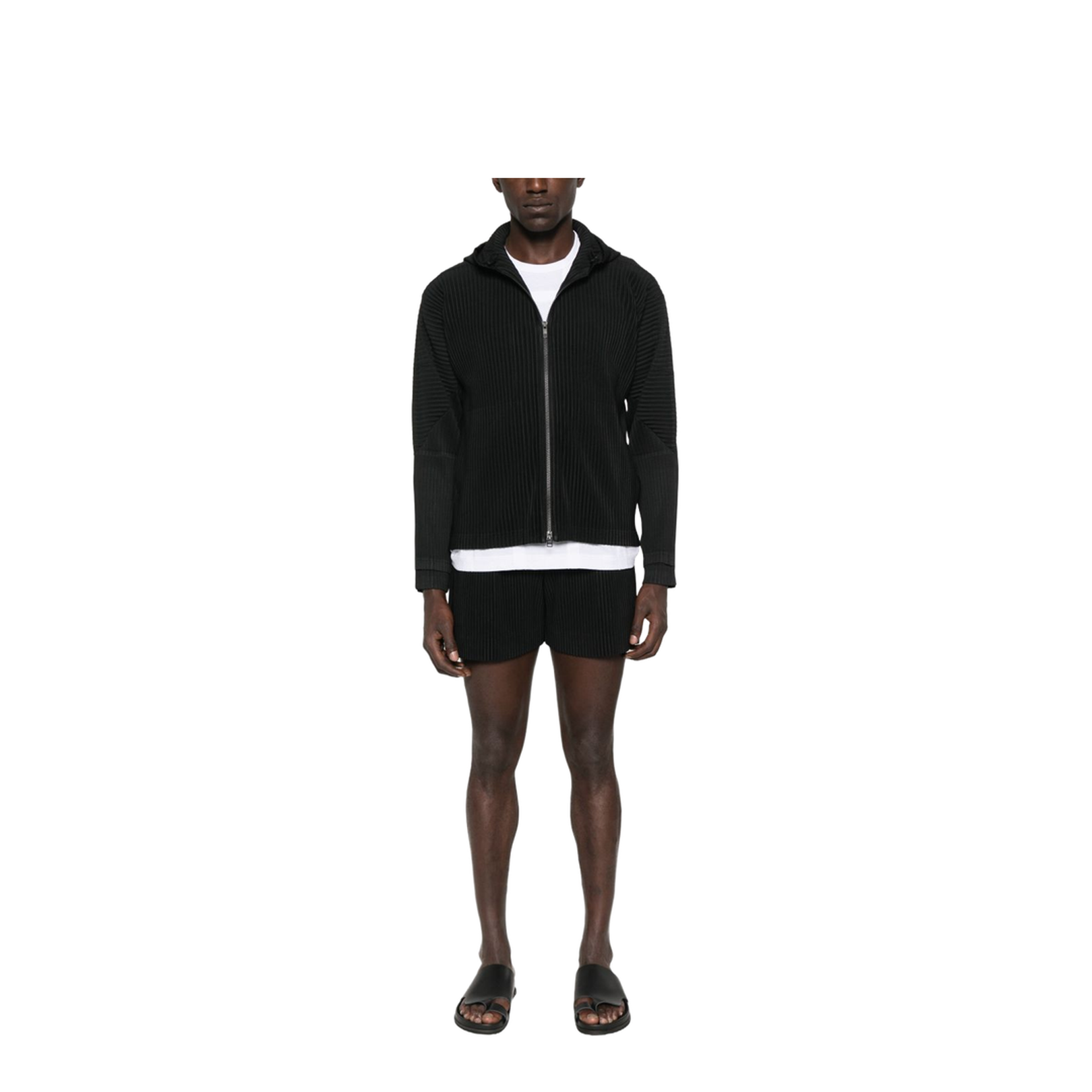 Black Plisse Fabric Pull-On Pants