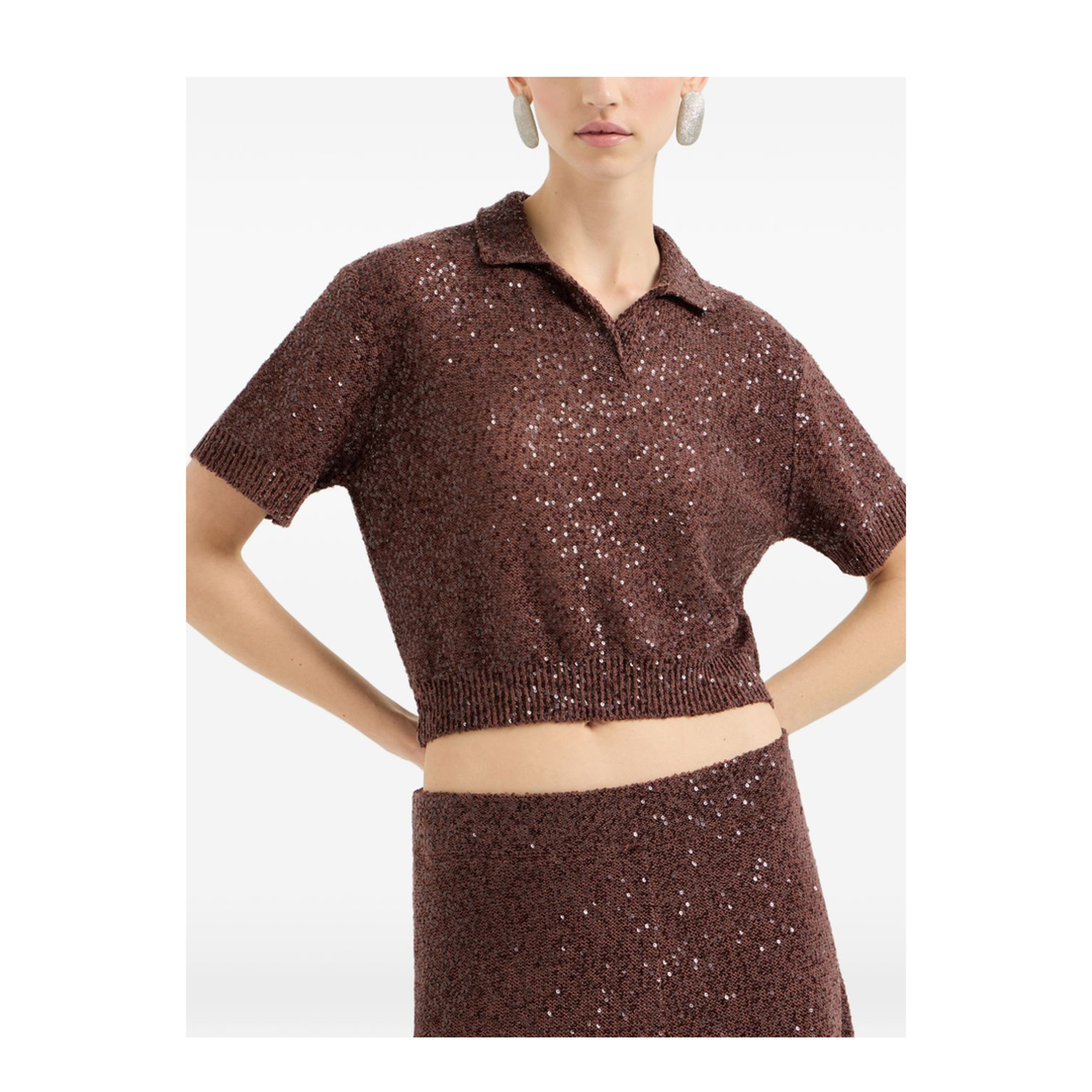 Cropped Knitted Polo Shirt Brown