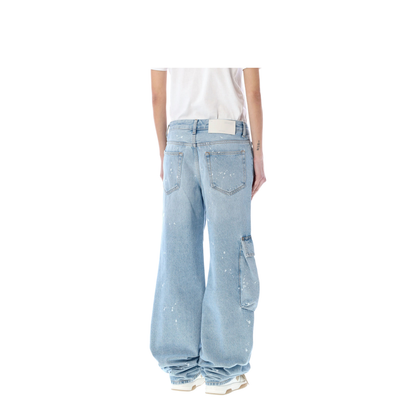Light Blue Cotton Cargo Jeans with Painted Detail