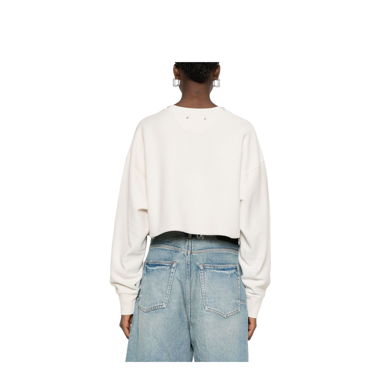 Cream Cotton Cropped Sweatshirt with Crystals