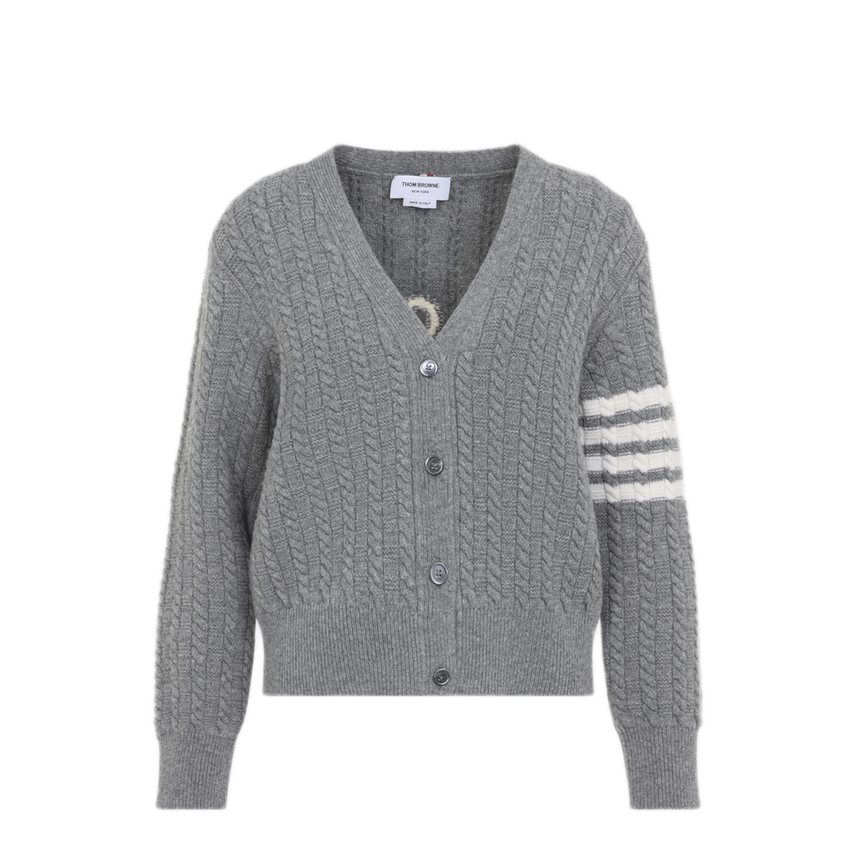 MAYFEYR - Thom Browne - Anchor Intarsia Cable Stitch V Neck Cardigan - FKC729AY1005055