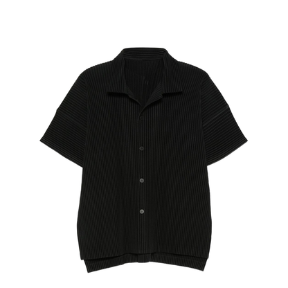 Black Pleated Texture Short Sleeves Button Fastening Straight Hemline