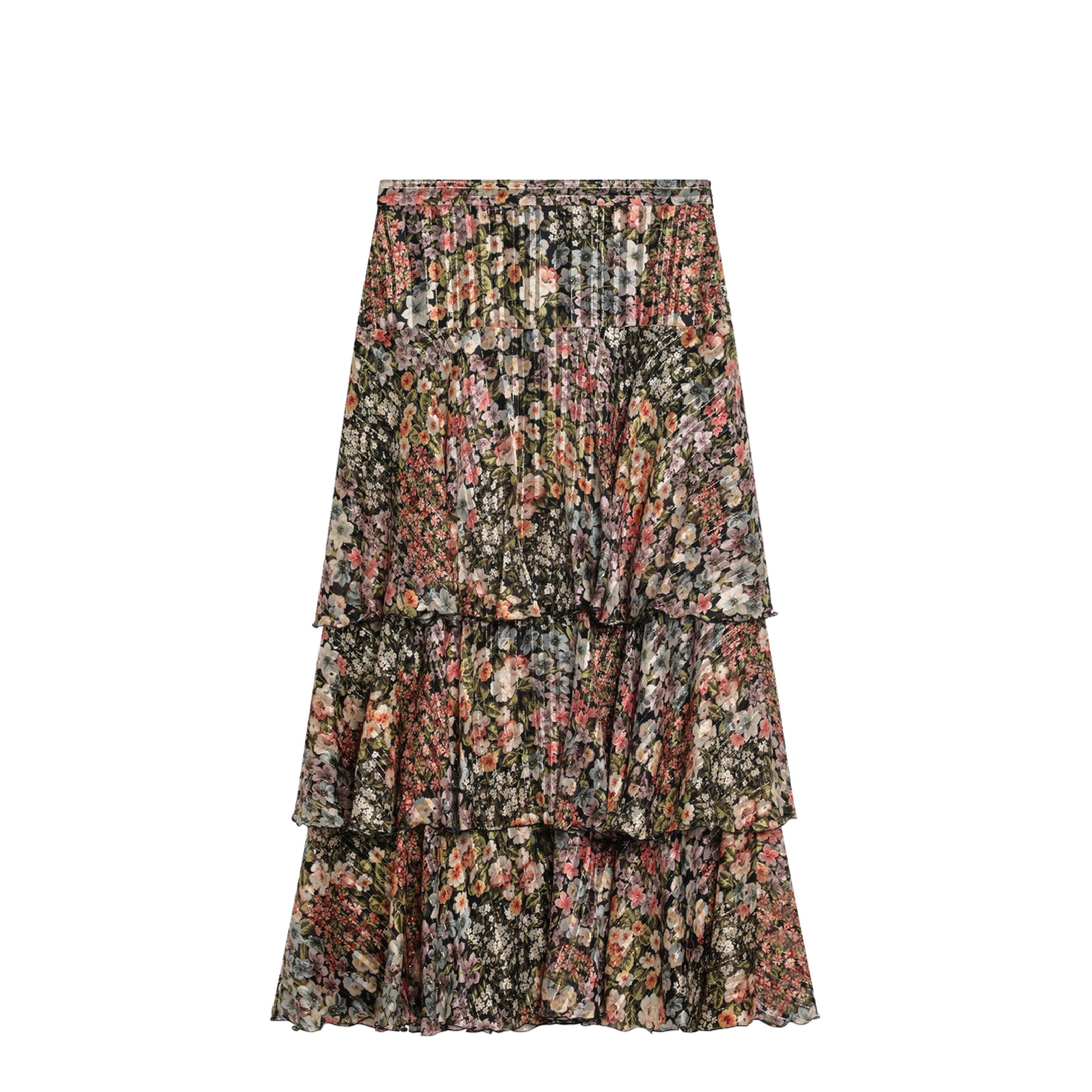 Silk Tiered Skirt with Floral Print