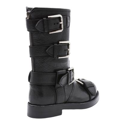 Black leather boots with straps