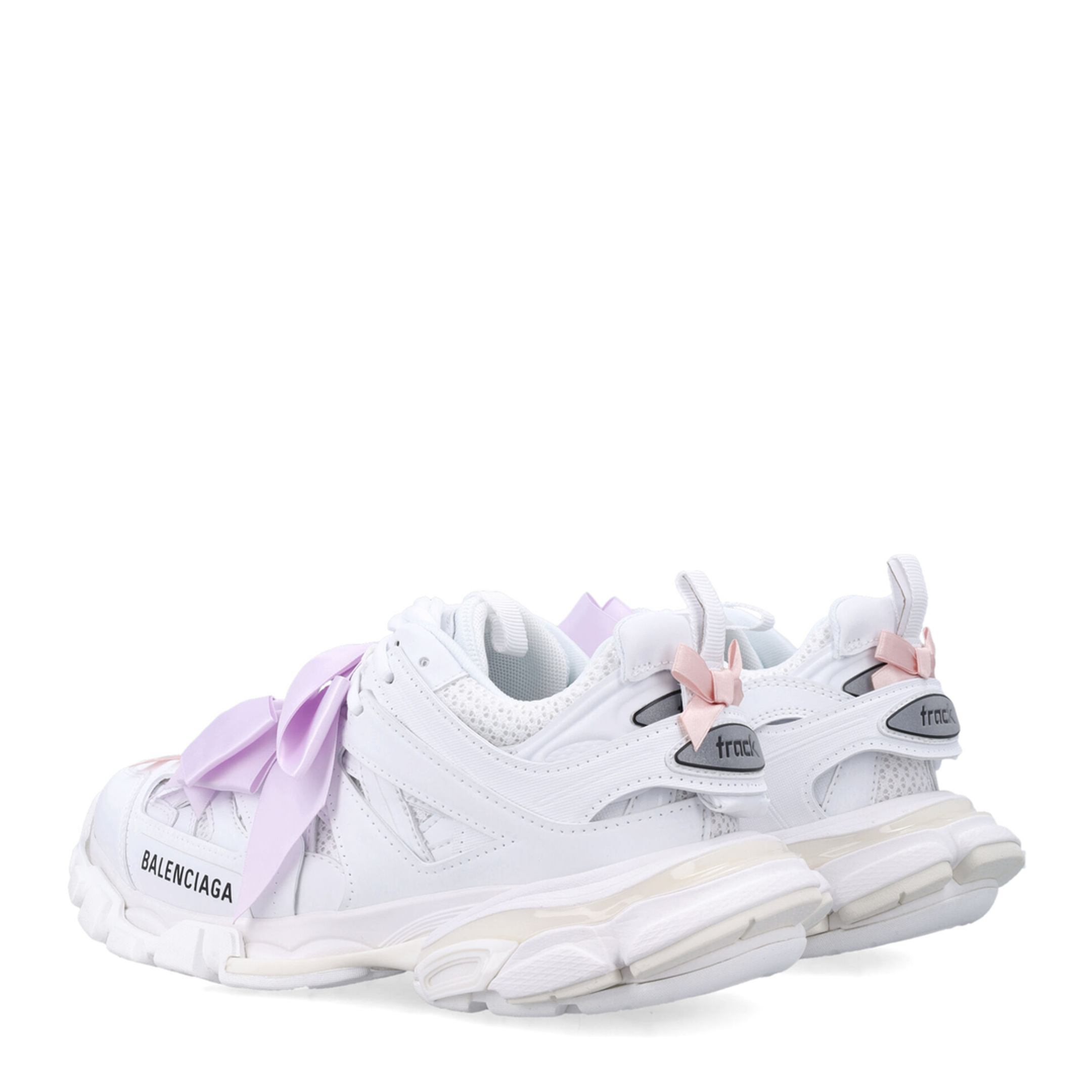 Track Bow Sneakers in Mixed Materials, White and Pink