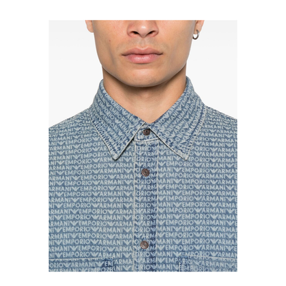 Comfort-fit denim shirt with all-over logo lettering print