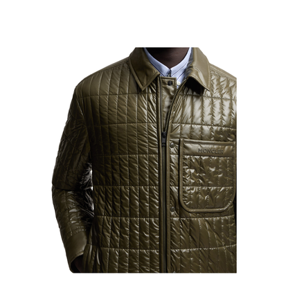 Olive Green Madiere Vertical-Quilted Padded Shirt Jacket