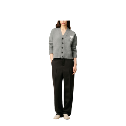 Grey Wool Cardigan Front-Button V-Neck