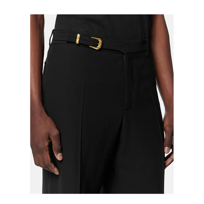 Black Pants with Belt and Logo Patch on the Rear in Wool