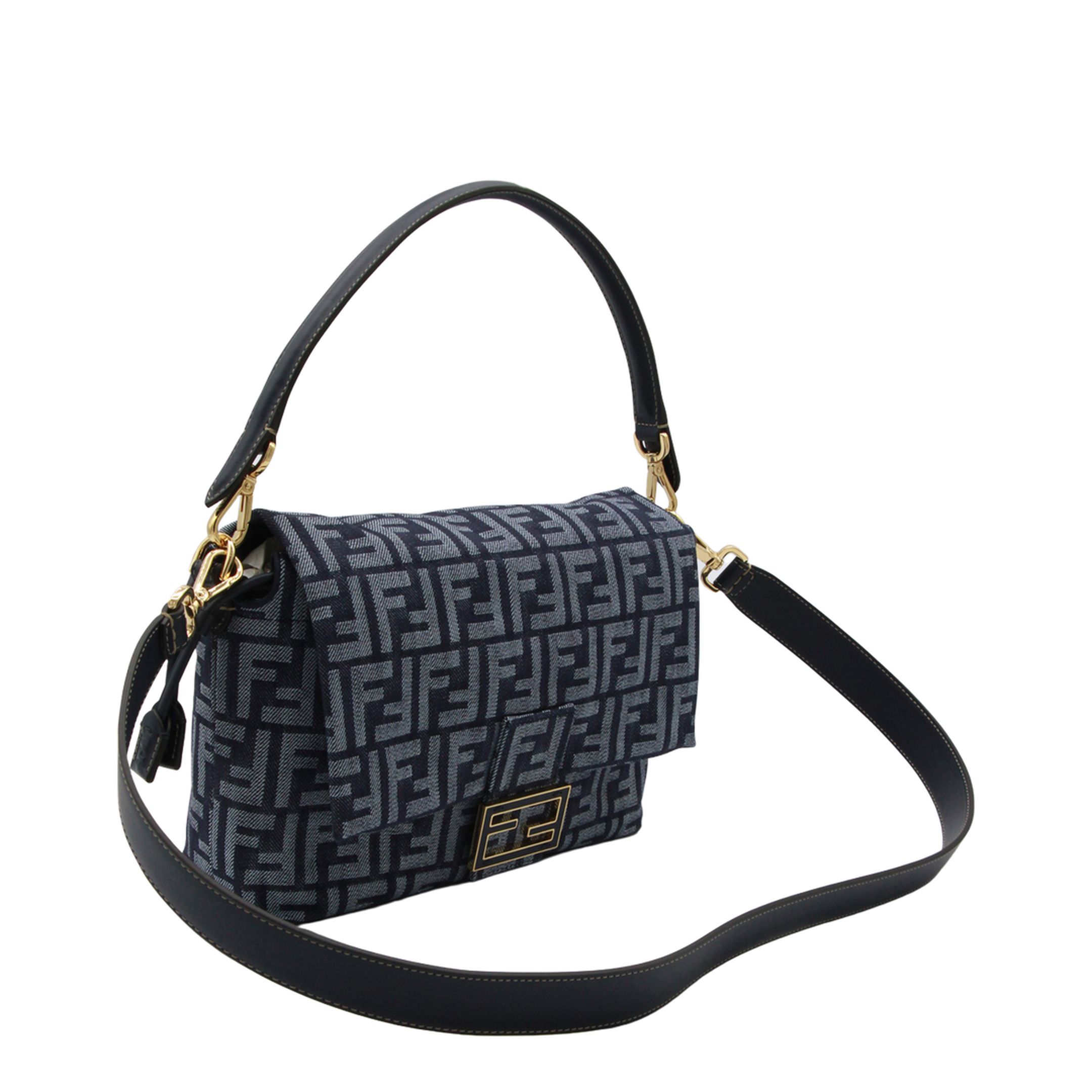 Mamma Baguette Medium Denim-Effect FF Jacquard Shoulder Bag - Dark Blue